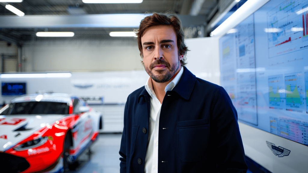 Fernando Alonso, en el box de Aston Martin