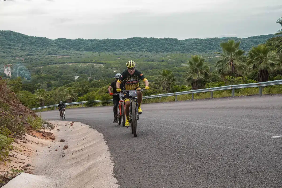 Grupo de ciclistas compitiendo en una etapa de montaña durante una carrera profesional.